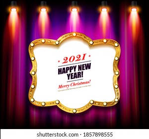 Happy new year to 2021. Christmas background. Retro x spotlights on curtain background. Christmas light sign in lochac Vector illustration.