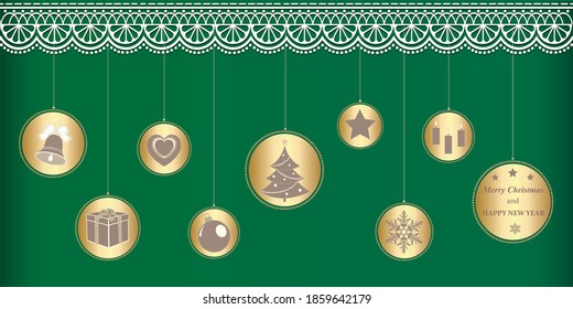 Happy New Year 2021. Christmas background with elements of holiday decorations. New Year's symbols on hanging golden balls on green background with ornament. Vector illustration