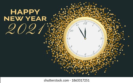 Happy new year 2021. Christmas golden clock. Five minutes to twelve o'clock. Triangle sparkles and glitters background. EPS 10 watch vector illustration.