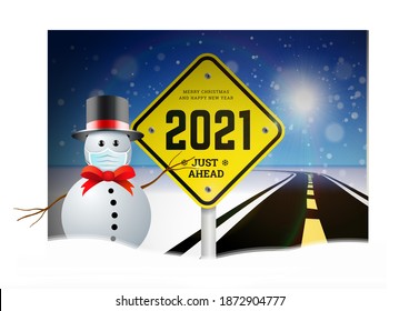 Happy New Year 2021 and Christmas greetings with road signs on the background of the road going into the distance. 