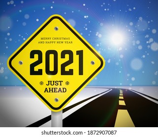 Happy New Year 2021 and Christmas greetings with road signs on the background of the road Vector illustration 