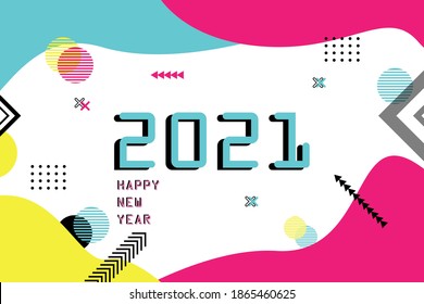 happy new year 2021 close with modern memphis abstract background. happy new year greeting card banner design for 2021 colorful shapes. Vector illustration. Eps10