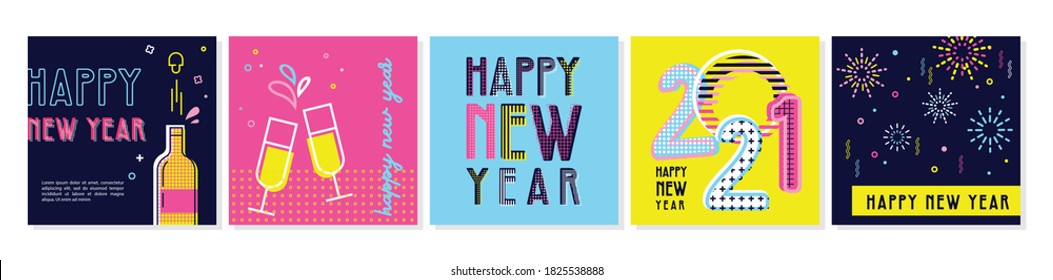 Happy New Year- 2021 . Collection of greeting background designs, New Year, social media promotional content. Vector illustration
