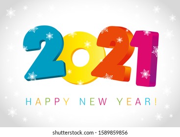 Happy New Year 2021 colored logo 3D text design. Cover of business diary for 2021 with wishes and snow. Brochure design template, Xmas card, banner. Vector illustration isolated on white background
