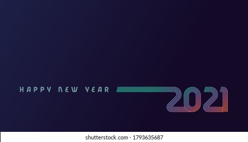 Happy New Year 2021 colored line design multicolored shining on dark blue background. Realistic vector digital numbers sign concept on violet, holiday cover, poster or banner design