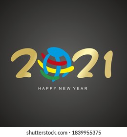 Happy New Year 2021 bunte Erde retten unseren Planeten 2021 handgeschriebene Typografie Gold, weißer schwarzer Hintergrund Grußkarte