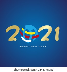 Happy New Year 2021 colorful earth save our planet 2021 handwritten typography gold white blue background greeting card