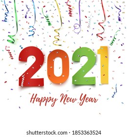 Happy New Year 2021. Colorful paper abstract desaign, background with ribbons and confetti on white. Greeting card template. Vector illustration.