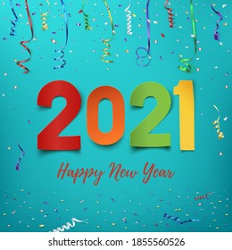 Happy New Year 2021. Colorful paper abstract design with ribbons and confetti. Greeting card template. Vector illustration.