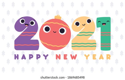 Happy New Year 2021. Colorful card with character numbers wearing a mask. Vector EPS