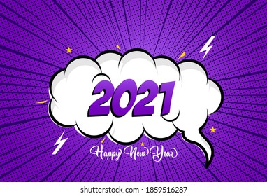 feliz año nuevo 2021, fondo cómico, efecto zoom, gradiente púrpura, ilustración de fondo, eps 10
