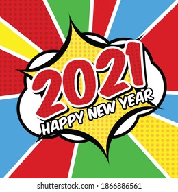 Feliz Año Nuevo 2021 con el estilo de historieta Ilustración vectorial. Adecuado para carteles y pancartas de tarjetas de felicitación