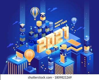 Happy New Year 2021 concept. Futuristic abstract modern business city in isometric view. People work remotely or in office, achieve success in their careers. Vector character illustration template