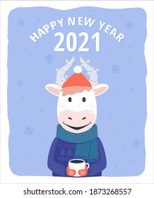 Happy new year 2021 concept. Symbol of 2021 year. Year of the bull. Funny Cow with a cup of hot coffee or tea in a hat, scarf and ugly sweater with a holiday lights. Cartoon character.