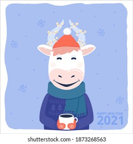 Happy new year 2021 concept. Symbol of 2021 year. Year of the bull. Funny Cow with a cup of hot coffee or tea in a hat, scarf and ugly sweater with a holiday lights. Cartoon character.