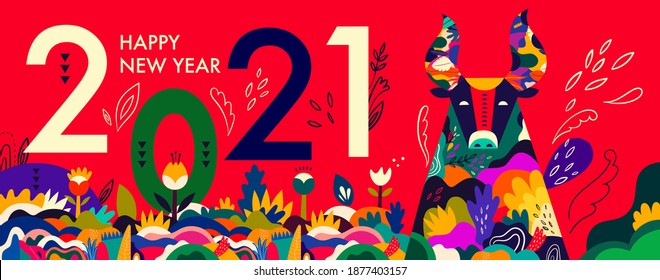 Happy New Year 2021 concept design. Happy Chinese New Year 2021 vector design. Symbol of 2021 Year the Bull. 2021 Happy New Year template. Vector illustration with colorful Bull in folk style.