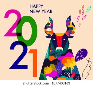 Happy New Year 2021 concept design. Happy Chinese New Year 2021 vector design. Symbol of 2021 Year the Bull. 2021 Happy New Year template. Vector illustration with colorful Bull in folk style.