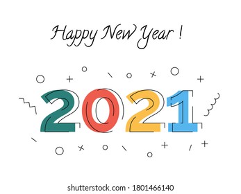 Happy new year 2021 congratulation greeting card. Winter holiday wishes postcard design with inscription. Colorful splash of confetti and abstract geometric outlined figures around mix color numbers. 