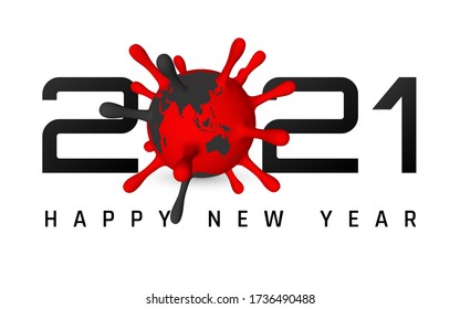 Happy New Year 2021 cover with Coronavirus unit. Template of business design card, banner on white bakground. Vector illustration.