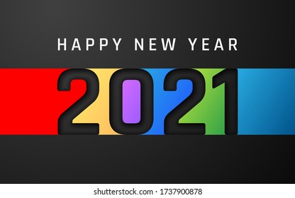 Happy New Year 2021 cover. Template of business design card, banner on dark bakground. Vector illustration.