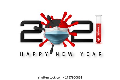 Happy New Year 2021 cover with Coronavirus unit in Medical face mask. Template of business design card, banner on white bakground. Vector illustration.