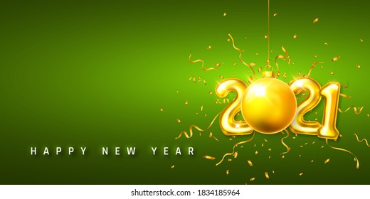 Happy New Year 2021 cover. Golden helium balloon numbers 2021 and xmas ball with confetti on green bakground. Vector illustration.