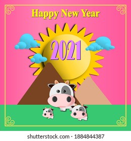 Happy New Year 2021 Cow Family In Sunshine And Mountain.