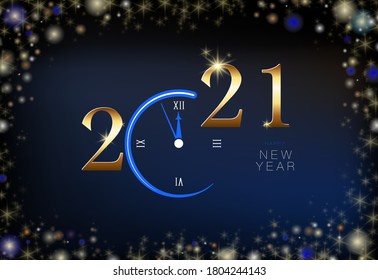 Happy New Year 2021. Creative design of five-minute clock numbers. Blue Christmas night background. Design for calendar. Poster, modern text, greeting card or print, template
