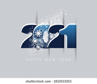 Happy New Year 2021. Creative design of blue-white numbers, winter snow, snowflakes, isolated text. Gray background. Futuristic, logo 2021. Elements for calendar and greeting Christmas cards, template