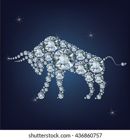 Happy new year 2021 creative greeting card with Bull made up a lot of diamonds