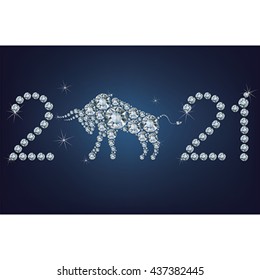Happy new year 2021 creative greeting card with Bull made up a lot of diamonds