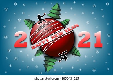 Happy new year 2021 and cricket ball with Christmas trees on an isolated background. Cricket player hits the ball. Design pattern for greeting card. Vector illustration