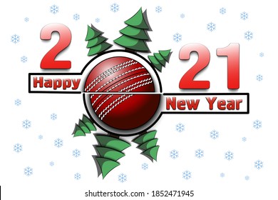 Happy new year 2021 and cricket ball with Christmas trees on an snowflakes background. Creative design pattern for greeting card, banner, poster, flyer, party invitation, calendar. Vector illustration