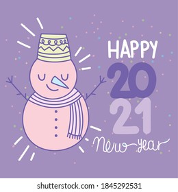 happy new year 2021, cute snowman with text on purple background card vector illustration
