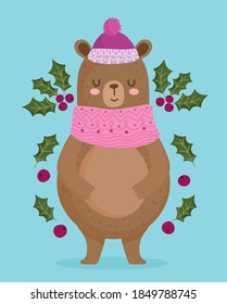 happy new year 2021, cute bear with hat holly berry decoration vector illustration