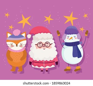 happy new year 2021, cute santa claus, fox and snowman cartoon vector illustration