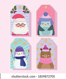 happy new year 2021, cute santa, penguin, bear, snowman, tag decorations vector illustration