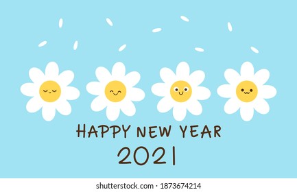 Happy new year 2021 with daisy flower cartoons and hand written font isolated on blue background vector illustration.