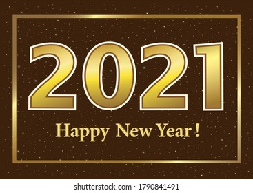 Happy New Year 2021. Dark and gold Christmas card, banner, invitation or print template. Vector illustration