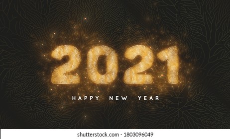 Happy New Year 2021. Dark background with gold net and glowing golden 2021 numbers as veins of gold foil and sparkles. Vector Illustration for luxury holiday greeting card, invitation, calendar