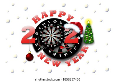 Happy new year 2021 and dartboard with Christmas ball, dart and hat. Creative design pattern for greeting card, banner, poster, flyer, party invitation, calendar. Vector illustration