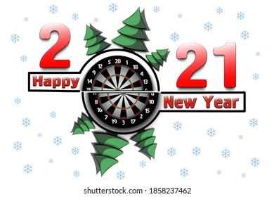 Happy new year 2021 and dartboard with Christmas trees on an snowflakes background. Creative design pattern for greeting card, banner, poster, flyer, party invitation, calendar. Vector illustration