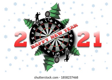Happy new year 2021 and dartboard with Christmas trees on an isolated background. Player throws a dart at the target. Design pattern for greeting card. Vector illustration