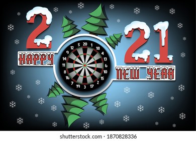 Happy new year 2021 and a dartboard with Christmas trees on an isolated background. Snowy numbers and letters. Design pattern for greeting card, banner, poster, flyer, invitation. Vector illustration