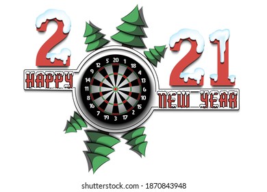 Happy new year 2021 and a dartboard with Christmas trees on an isolated background. Snowy numbers and letters. Design pattern for greeting card, banner, poster, flyer, invitation. Vector illustration