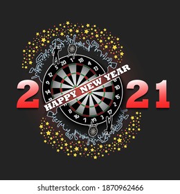 Happy new year 2021 and dartboard with football player and fans. Creative design pattern for greeting card, banner, poster, flyer, party invitation. Vector illustration