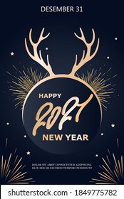 Happy New Year 2021. Deer antlers, branches and fireworks. Vertical template for invitation, cover, poster, banner, flyer, card. Gold decoration on a dark background. Vector illustration. Caligraphic