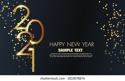 Happy New Year 2021 Design Illustration.Vector 2021 New Year Black background with gold glitter confetti splatter texture. Festive premium design template for holiday greeting card, invitation.