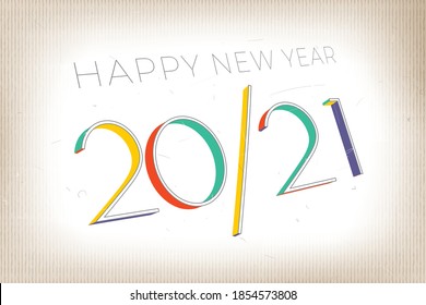 Happy New Year 2021 design. Old Film Style Composition with Double Twenty Numerals with Slash Logo and Happy New Year Greetings Lettering - Multicolor on Striped Background - Vector Mixed Graphic Design