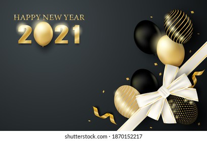 Happy new year 2021 . Design with balloons and gift box on black  background . Vector. illustration.